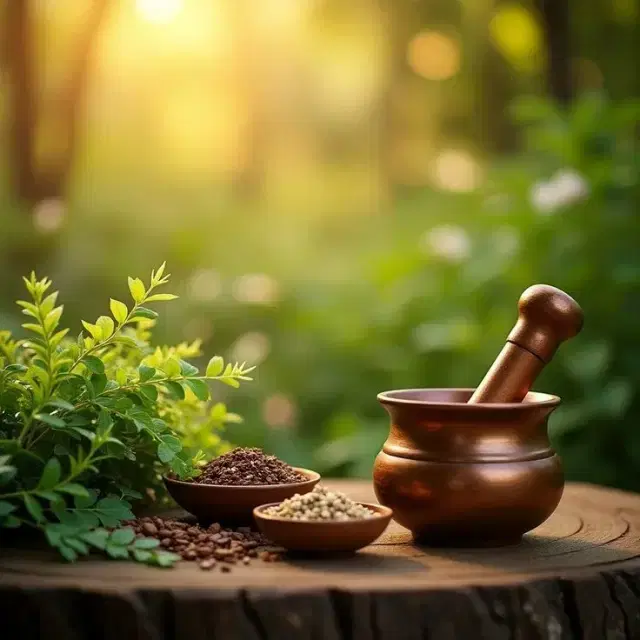 Dried Ayurvedic herbs, roots and spices arranged for treatment