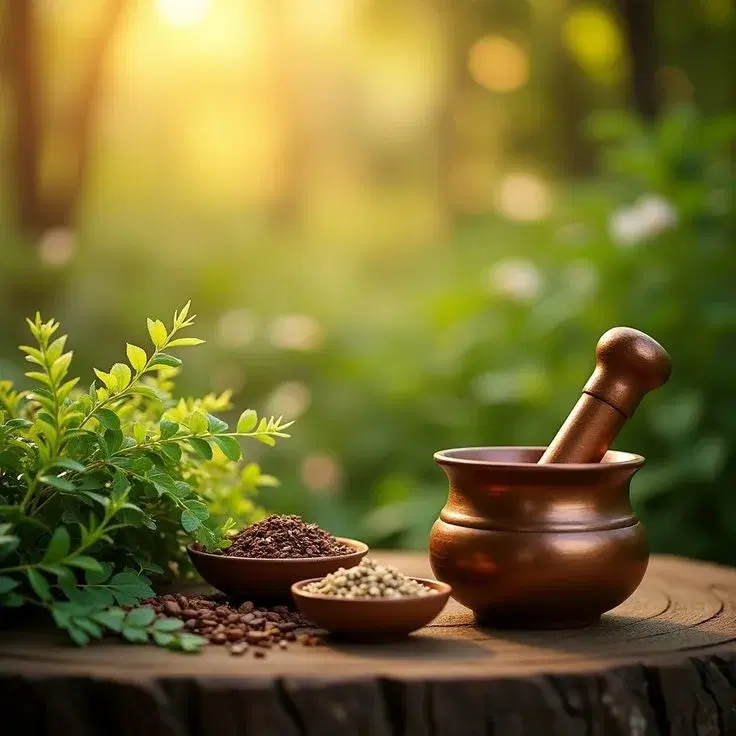 Ayurvedic herbs, oils and traditional remedies arranged for treatment